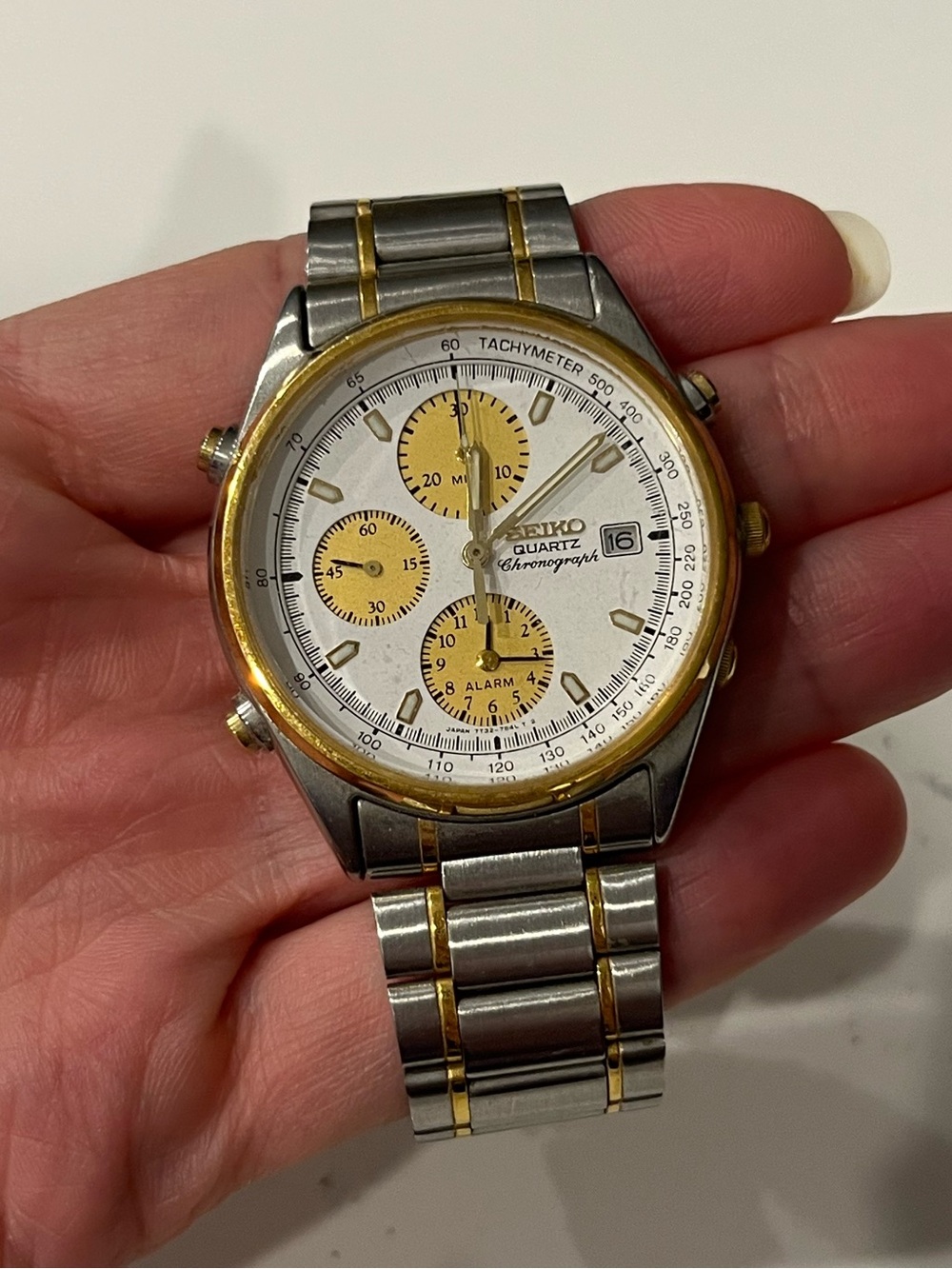 Seiko Two-Tone Chronograph Watch - White Dial with Gold Accents